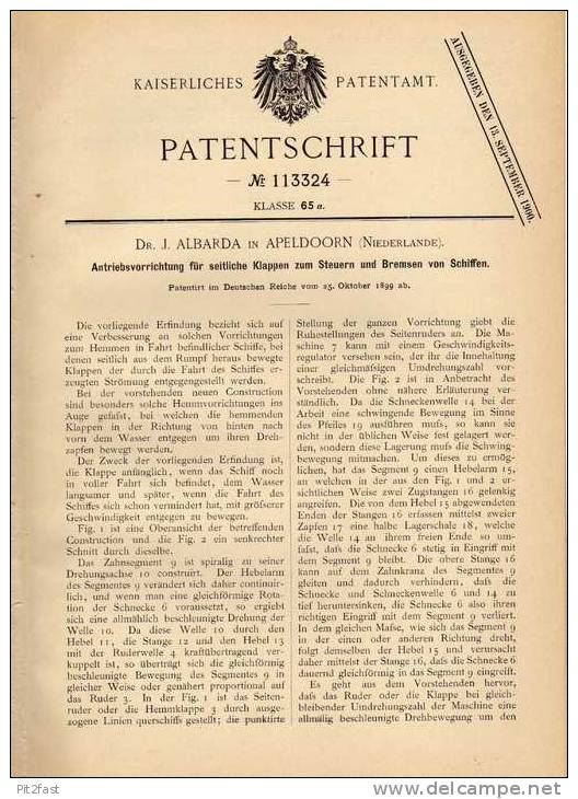 Original Patentschrift - Dr. Albarda In Apeldoorn , 1899 , Steuerung Und Bremsung Von Schiffen !!! - Sonstige & Ohne Zuordnung