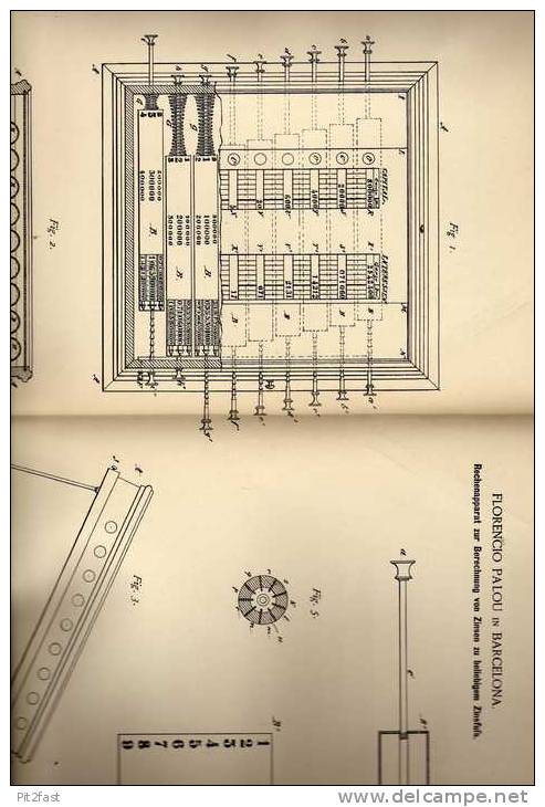 Original Patentschrift - Rechenapparat Für Zinsen , 1887 , F. Palou In Barcelona ,  Zins , Sparkasse , Mathematik !!! - Tools