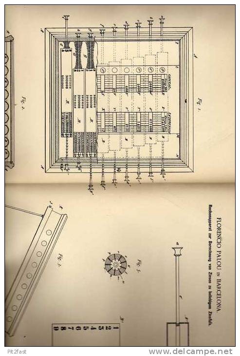 Original Patentschrift - Rechenapparat Für Zinsen , 1887 , F. Palou In Barcelona ,  Zins , Sparkasse , Mathematik !!! - Máquinas