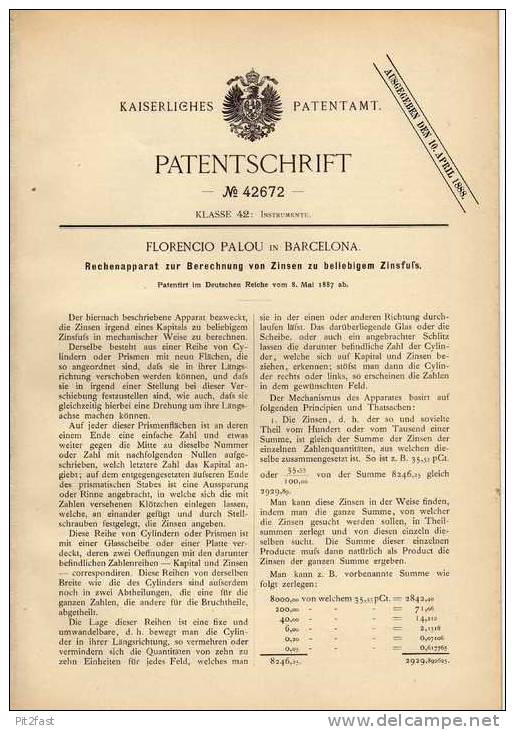 Original Patentschrift - Rechenapparat Für Zinsen , 1887 , F. Palou In Barcelona ,  Zins , Sparkasse , Mathematik !!! - Tools