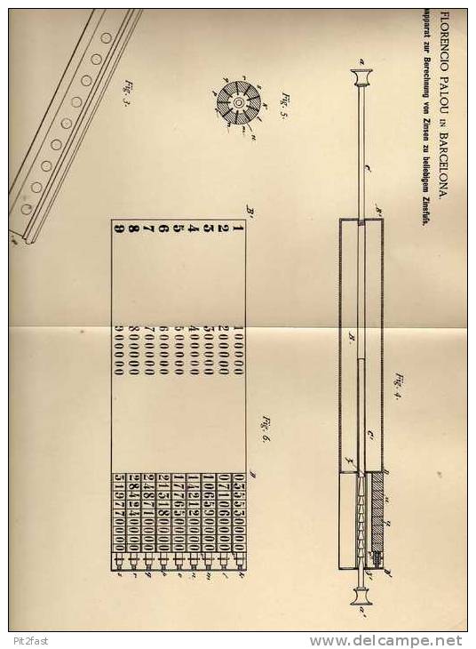 Original Patentschrift - Rechenapparat Für Zinsen , 1887 , F. Palou In Barcelona ,  Zins , Sparkasse , Mathematik !!! - Tools