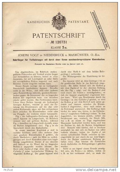 Original Patentschrift - J. Vogt In Niederbruck B. Masmünster , 1900 , Tiefenbohrer , Bohrer , Erdbohrer , Masevaux !!! - Machines