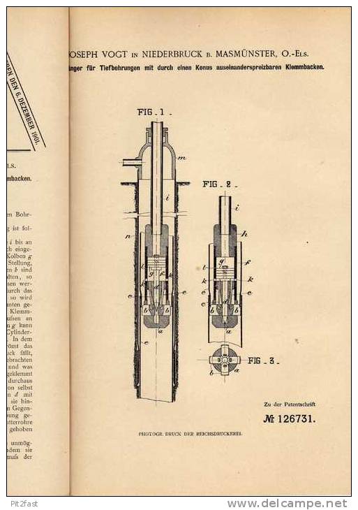 Original Patentschrift - J. Vogt In Niederbruck B. Masmünster , 1900 , Tiefenbohrer , Bohrer , Erdbohrer , Masevaux !!! - Tools