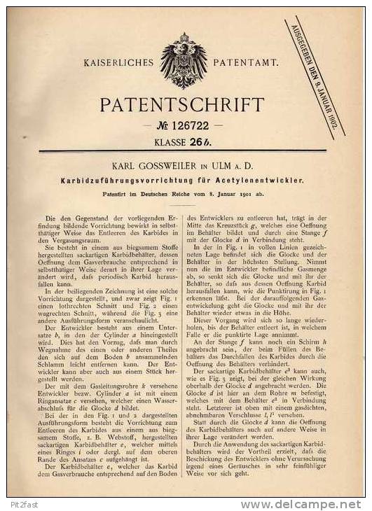 Original Patentschrift - K. Gossweiler In Ulm A.D., 1901, Entwickler Für Acetylen !!! - Machines