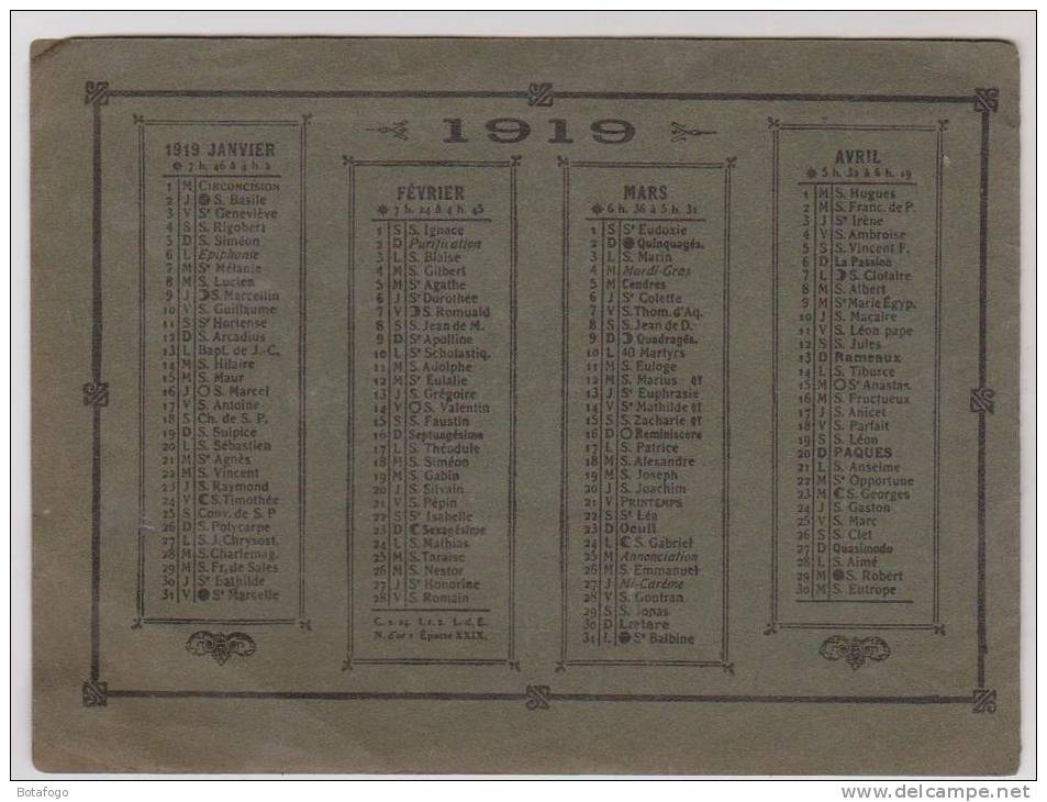 CALENDRIER 1919, GRAND BAZAR DE LYON - Autres & Non Classés