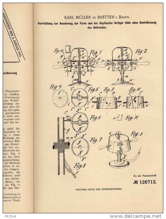Original Patentschrift - K. Müller In Bretten I. Baden , 1901 , Apparat Für Hüte , Hutmacher , Hut !!! - 1900-1940