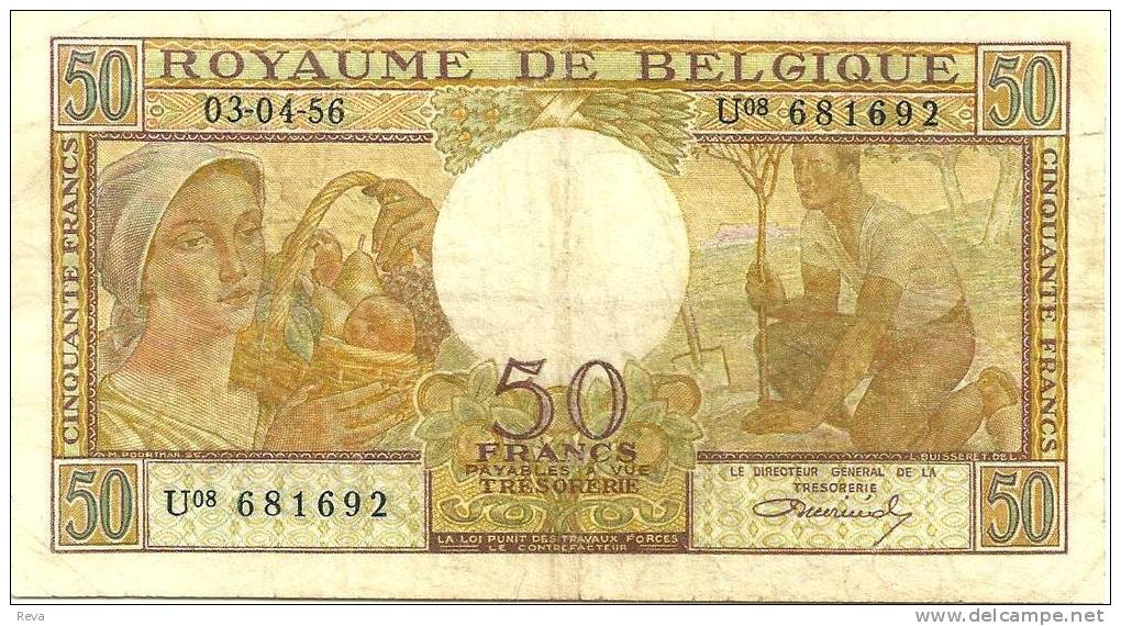 BELGIUM 50 FRANCS LIGHT BROWN MAN & WOMAN FRONT & BACK DATED 03-04-1956  P133b VF READ DESCRIPTION - Andere & Zonder Classificatie