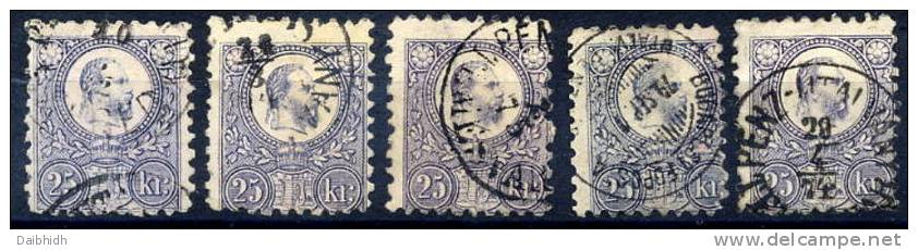 HUNGARY 1871 25 Kr. Engraved,  5 Examples With Good Perforations Used.  Michel 13a, 13b - Used Stamps