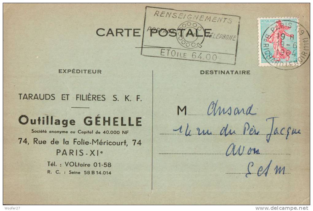 PARIS  ,  Outillage GEHELLE  ,Tarauds Et Filières , 74 , Rue De La Folie Méricourt - Paris (11)