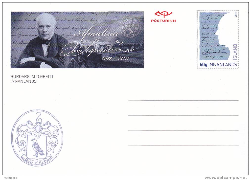 Iceland 2010 Postal Stationery - Letter Card Jón Sigurðsson - Enteros Postales