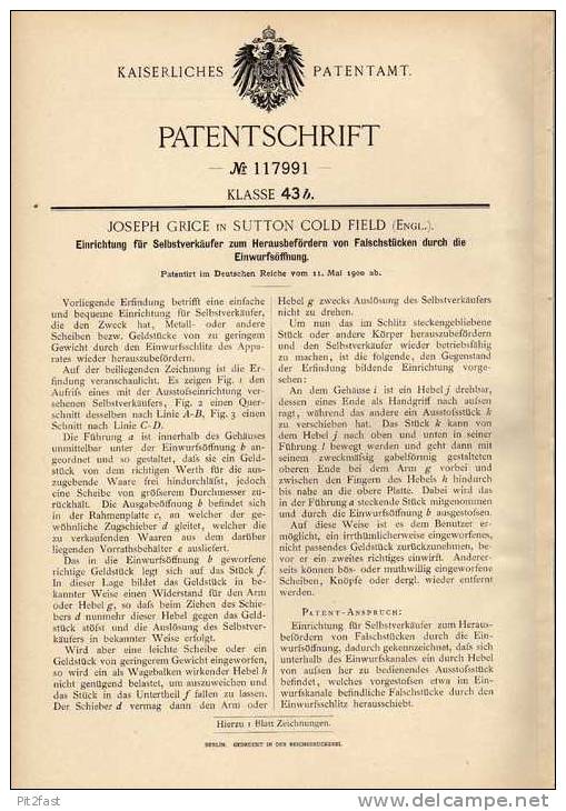 Original Patentschrift - J. Grice In Sutton Cold Field , 1900 , Falschgeld Auswerfer Für Selbstverkäufer , Automat !!! - Machines