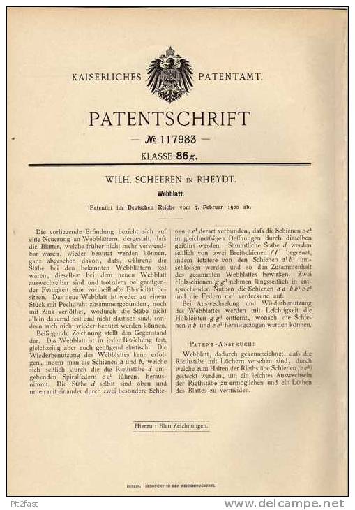 Original Patentschrift - W. Scheeren In Rheydt , 1900 , Webblatt Für Webstuhl , Weberei , Weber , Mönchengladbach !!! - Machines