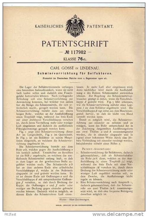 Original Patentschrift - C. Gosse In Lindenau , 1900 , Schmiervorrichtung Für Selfaktoren !!! - Machines