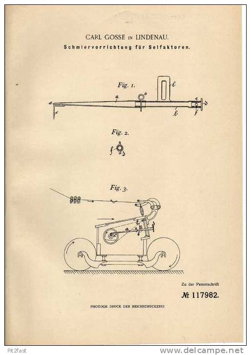 Original Patentschrift - C. Gosse In Lindenau , 1900 , Schmiervorrichtung Für Selfaktoren !!! - Machines