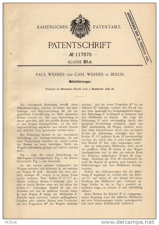 Original Patentschrift - P. Werner In Berin , 1898 , Müllabfuhrwagen , Müllauto , Müllabfuhr , Müll !!! - LKW