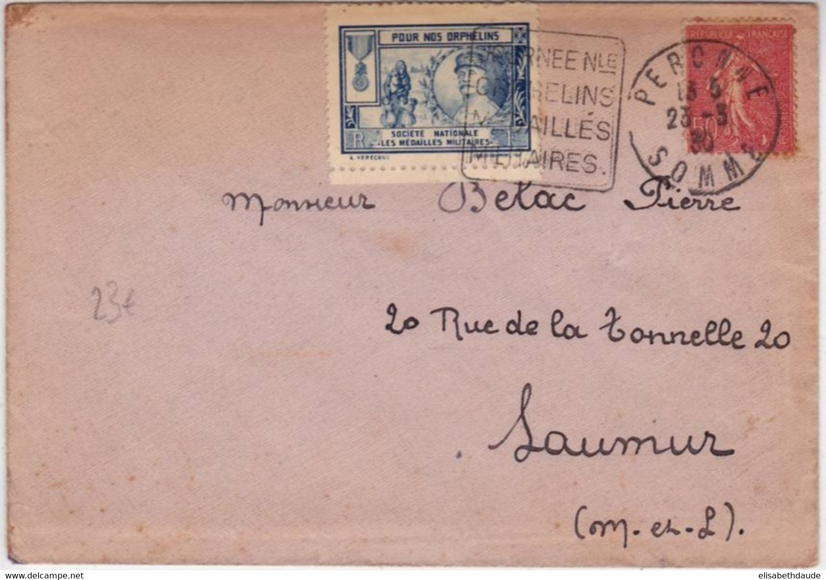 SEMEUSE - 1930 - (VIGNETTE + DAGUIN) Des ORPHELINS MEDAILLES MILITAIRES SUR LETTRE De PERONNE - ENSEMBLE RARE - Military Heritage