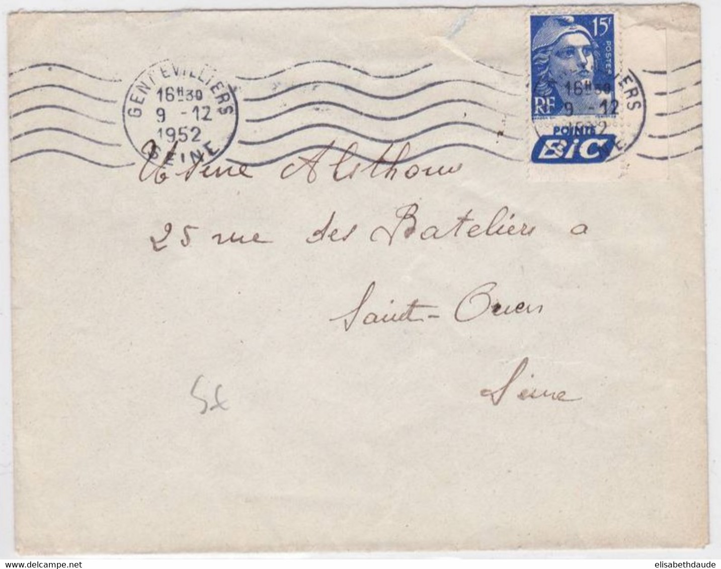 GANDON - 1952 - PUB "BIC" SUR ENVELOPPE De GENNEVILLIERS Pour SAINT OUEN - Storia Postale
