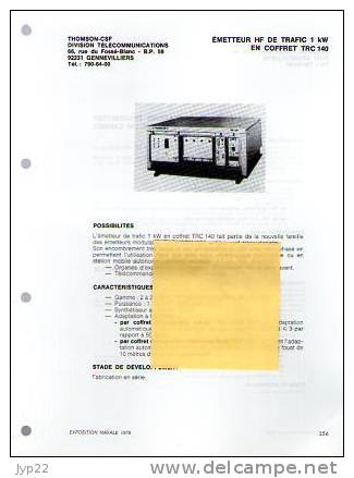 Fiche Marine Nationale Emetteur HF De Trafic En Coffret TRC 140 Thomson CSF Gennevilliers - Equipement