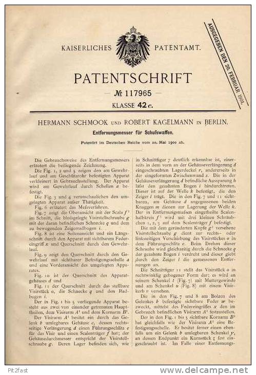 Original Patentschrift - Entfernungsmesser Für Schußwaffen , 1900 , H. Schmook In Berlin , Gewehr , Pistole , Waffe !!! - Equipement