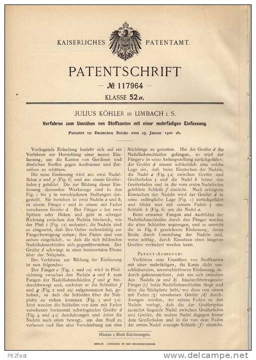 Original Patentschrift - J. Köhler In Limbach , 1900 , Umnähen Von Stoffkanten , Näherei , Nähmaschine !!! - Boeken