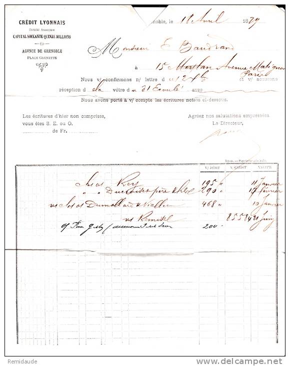 SAGE - 1879 - RARE PERFORE TRIANGLE (CREDIT LYONNAIS) Sur LETTRE De GRENOBLE (ISERE) - Autres & Non Classés