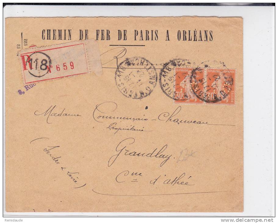 SEMEUSE - 1922 - PERFORE P.O (CHEMIN DE FER PARIS ORLEANS) Sur ENVELOPPE RECOMMANDEE - Autres & Non Classés