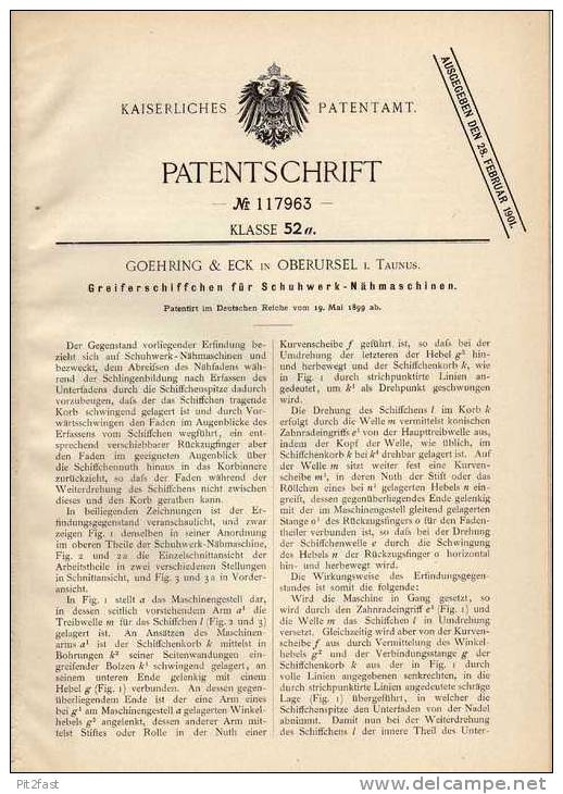 Original Patentschrift - Goehring & Eck In Oberursel I. Taunus , 1899 , Schuhwerk - Nähmaschine , Schuster , Schuhe !!! - Literature