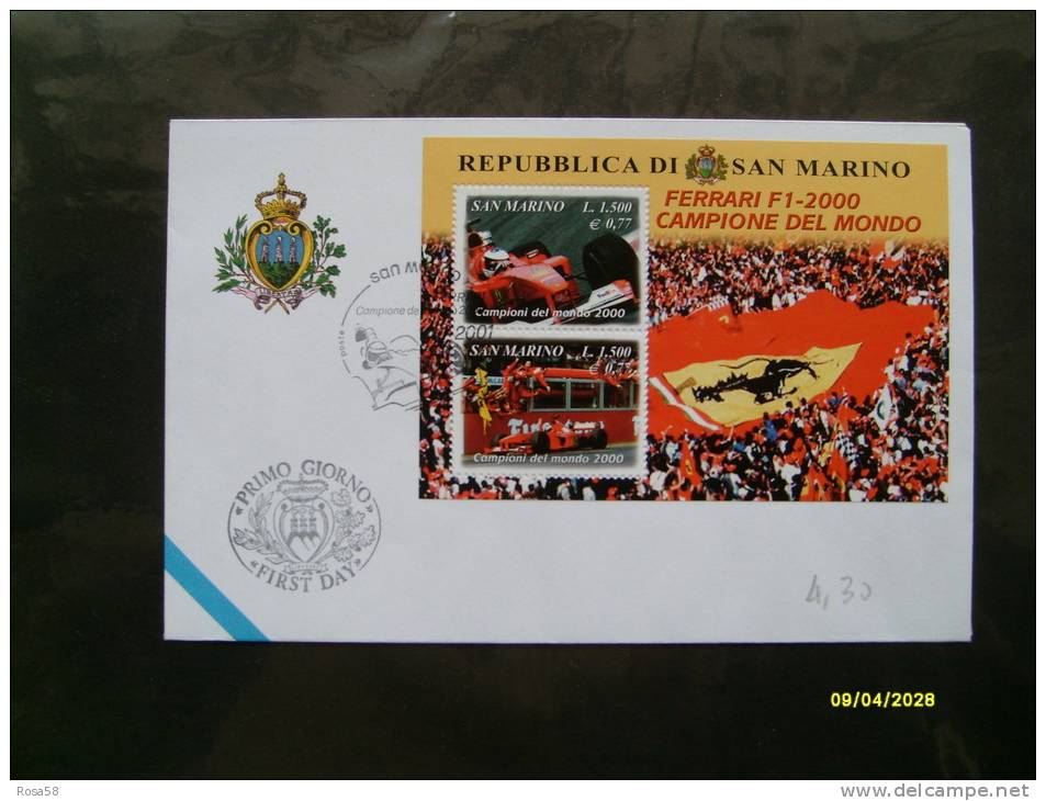 AUTOMOBILISMO 2000 Busta Primo Giorno FDC FERRARI Campione Del Mondo Blocco Foglietto - Storia Postale