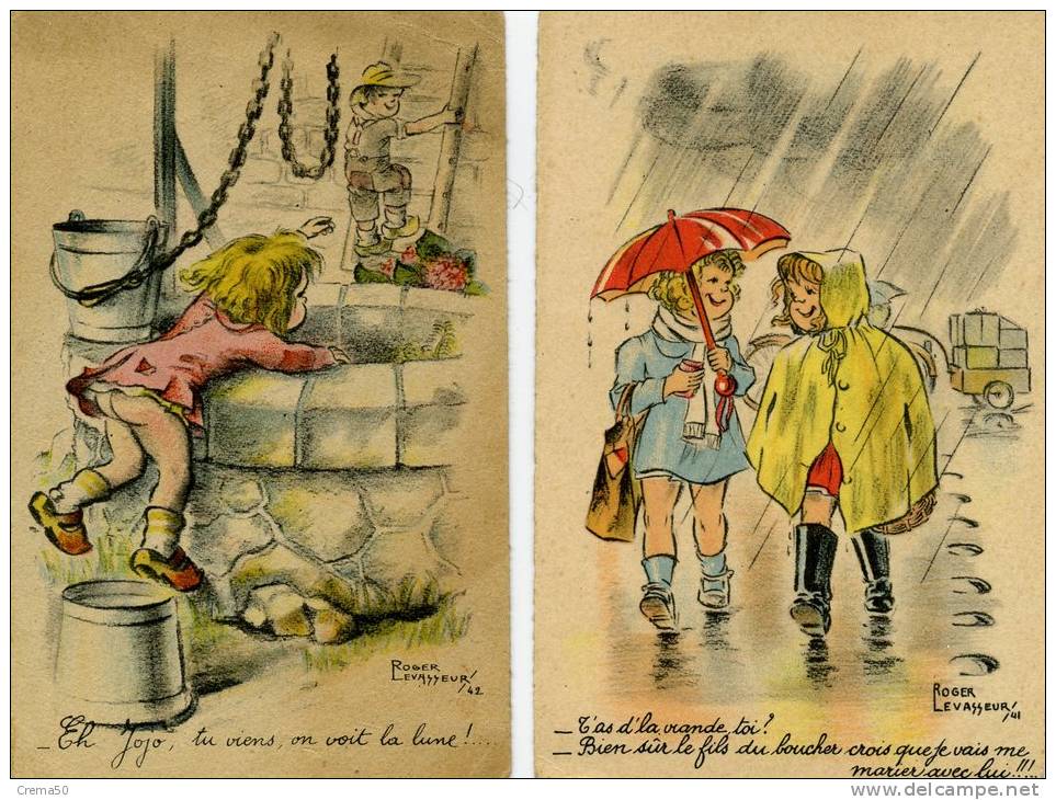 ENFANTS - Sous Un Parapluie Et Puisant De L'eau Au Puits - Le Lot De 2 Cartes - Levasseur, Roger
