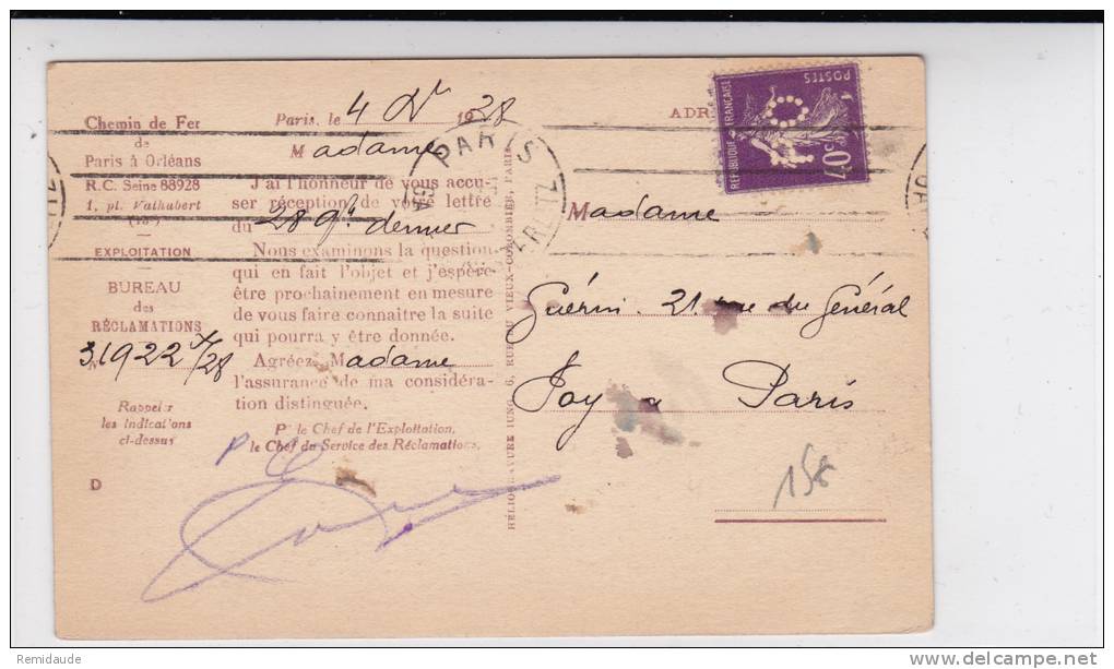 SEMEUSE - 1928 - PERFORE P.O (CHEMINS DE FER PARIS ORLEANS) Sur CARTE POSTALE COMMERCIALE De SALERS (CANTAL) - Autres & Non Classés