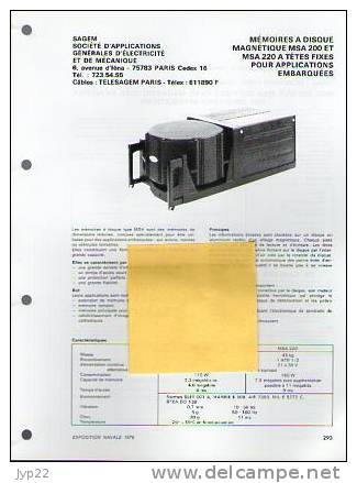 Fiche Marine Nationale Mémoires à Disque Magnétique MSA 200 & 220 Pour Applications Embarquées - SAGEM Paris - Equipment