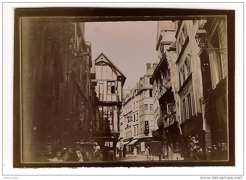 Photographie De La Ville De Rouen En 1907 - Vieille Rue Animée - Scène Vivante Calêche  - Rare Photo Originale - Dpt 27 - Lieux