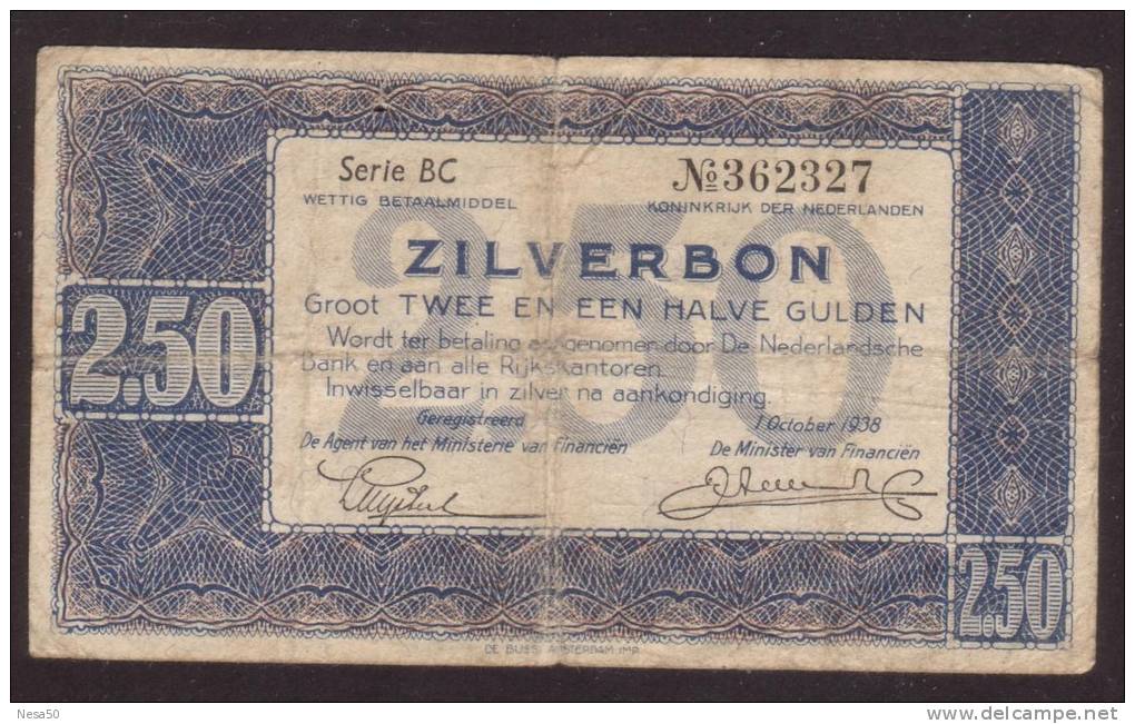 Nederland Zilverbon 2,50 Gulden  1-10-1938  BC 362327 - 2 1/2 Gulden