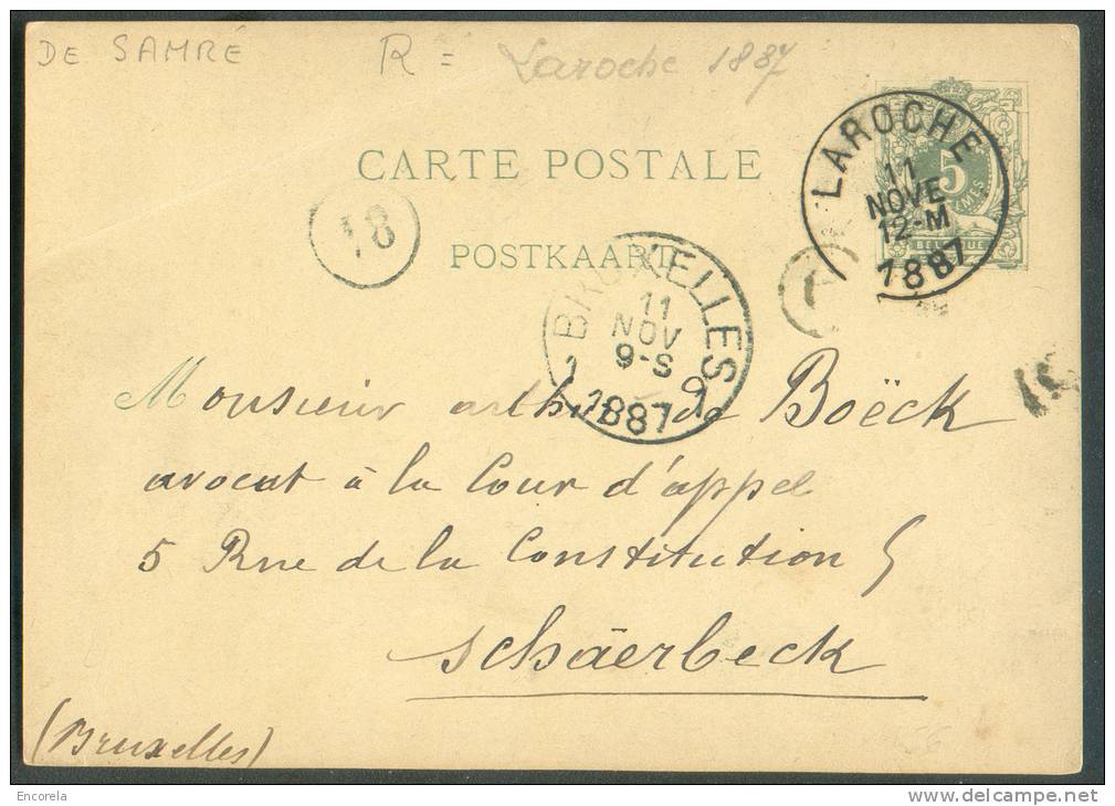 EP Carte 5 Centimes Obl. Sc LAROCHE 11 Novembre  1887 + Boîte G De Samré Vers Schaerbeek (facteur 18).  - 7642 - Altri & Non Classificati