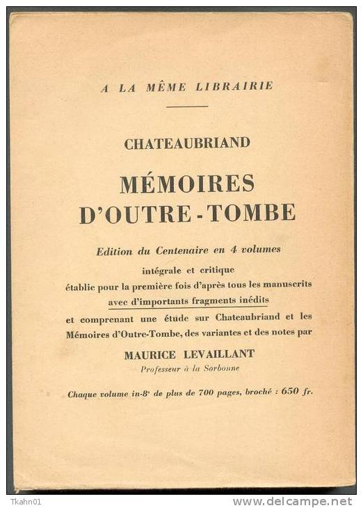 MEMOIRES D´OUTRE-TOMBE " FLAMMARION " CHATEAUBRIAND  DE 1948 - Antes De 1950