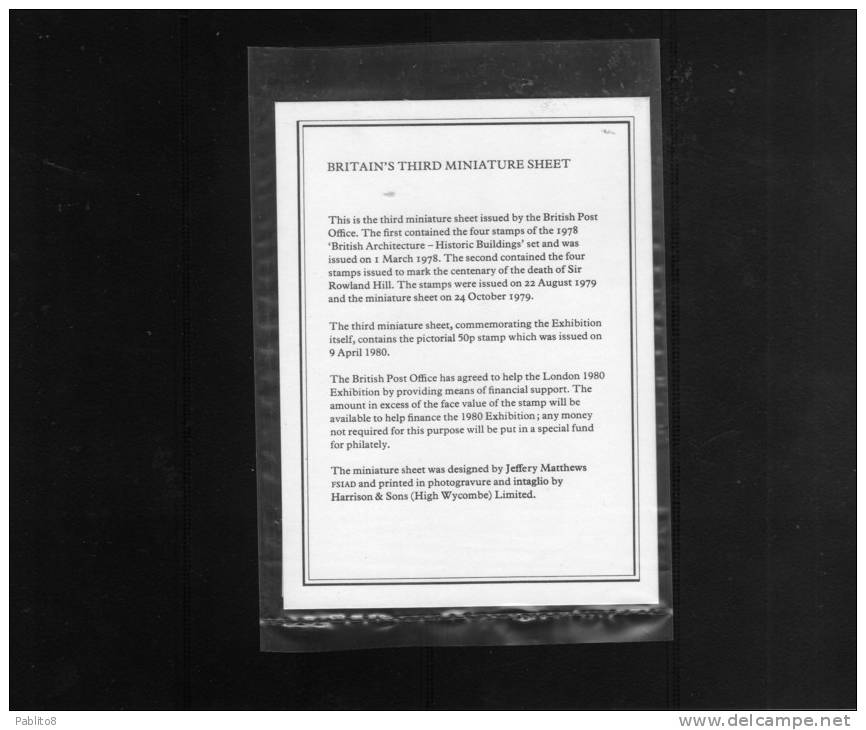 GREAT BRITAIN GRAN BRETAGNA 1980 LONDON EXHIBITION BLOCK SHEET ESPOSIZIONE FILATELICA LONDRA MNH FOGLIETTO - Blocks & Miniature Sheets
