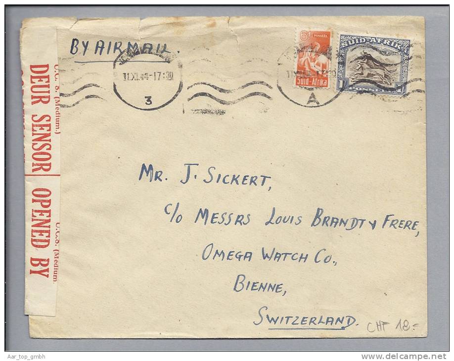 Südafrika 1944-11-11 Zensur Air Mail Nach Bienne CH Omega - Autres & Non Classés