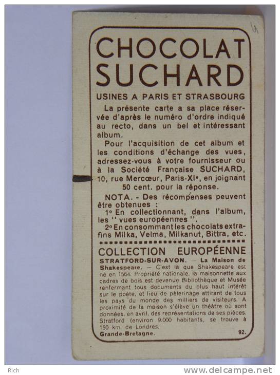 Chromo Chocolat  SUCHARD, Grande Bretagne STRATFORD Sur AVON, La Maison De Shakespeare - 10,2 X 5,8 Cm - Suchard