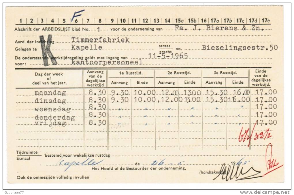 Arbeidslijstkaart  Met K.B. Kappele - Biezelinge (zl) Timmerfabriek - Postal Stationery