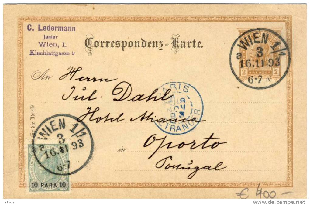 Postkarte 1893 - Kreuzer Und Para - Mischfrankatur Verwendet In Wien Nach Portugal - Eastern Austria