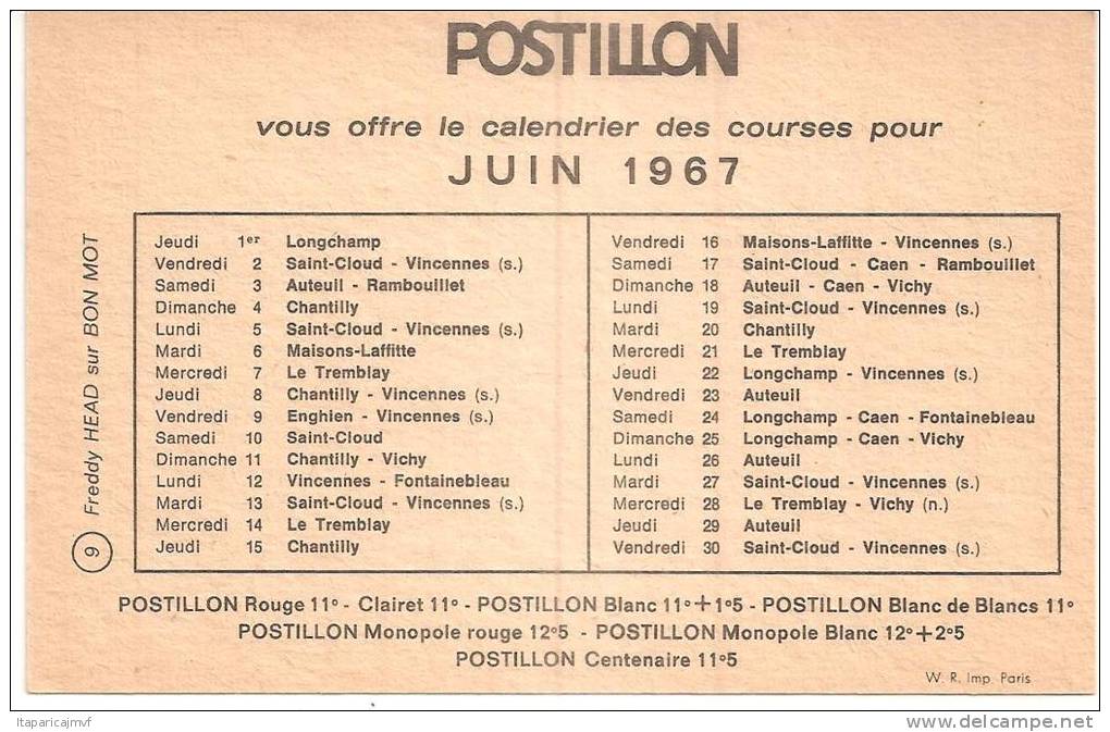 Animaux : Cheval :  Postillon - Calendrier :  F Head Sur  BON MOT  ( Vincennes, Autheuil,saint Cloud,cagnes, Etc..)196 - Autres & Non Classés