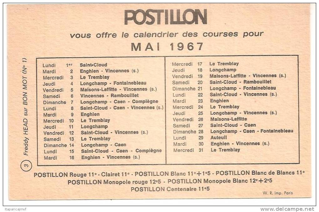 Animaux : Cheval :  Postillon - Calendrier :  F Head Sur  BON MOT  ( Vincennes, Autheuil,saint Cloud,cagnes, Etc..)196 - Autres & Non Classés