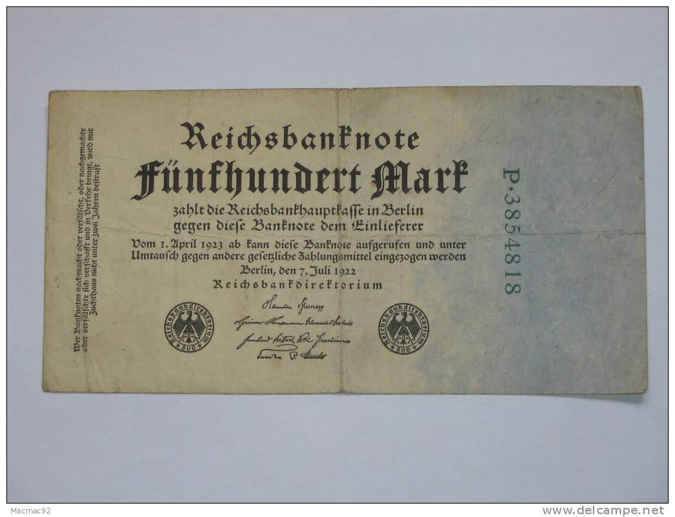 Allemagne - Germany - Billet à Identifier - Funfhundert Mark - 7 Juillet  1922 - 500 Mark