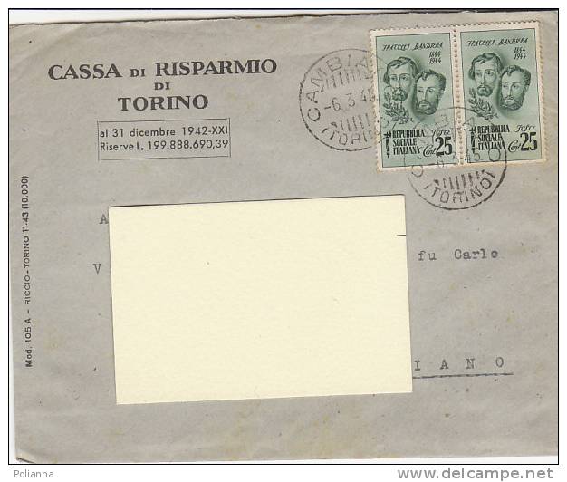 A1614 - 2 X 25 Cent. F.lli Bandiera Su Lettera Cassa Risparmio Di Torino VG CAMBIANO 06-03-1945 - Marcofilía