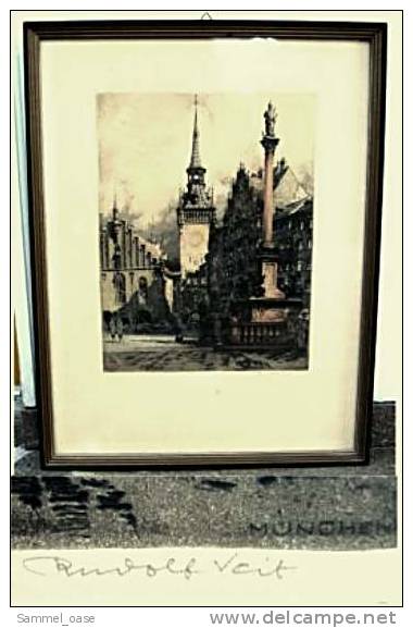 Ca.1925 Original Farb-Radierung Von Rudolf Veit  -  München Marienplatz , Mariensäule , Altes Rathaus - Radierungen