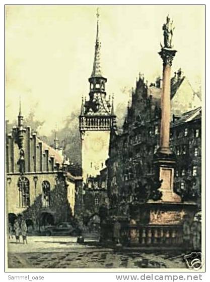 Ca.1925 Original Farb-Radierung Von Rudolf Veit  -  München Marienplatz , Mariensäule , Altes Rathaus - Gouaches