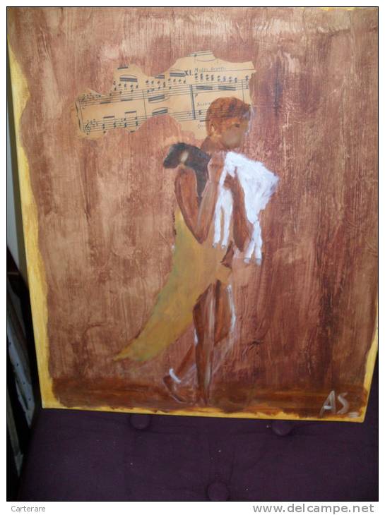 ART,BELLE PEINTURE SUR TOILE,38CM X 46 CM,ORIGINALE,AJOUTI PARTITION,PAPIER,COLLAGE, ART,AFRIQUE,BERBERE,ELEVE UR,MUSICI - Autres & Non Classés