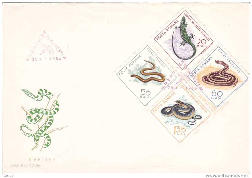 SNAKES, TORTUE, LIZARD, 3X, 1965, COVER FDC, ROMANIA - Serpents