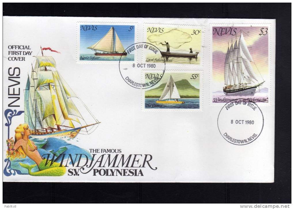 NEVIS 1980 FAMOUS WINDJAMMER SHIP BOAT - FAMOSO VELIERO NAVI BARCHE FDC - St.Kitts-et-Nevis ( 1983-...)