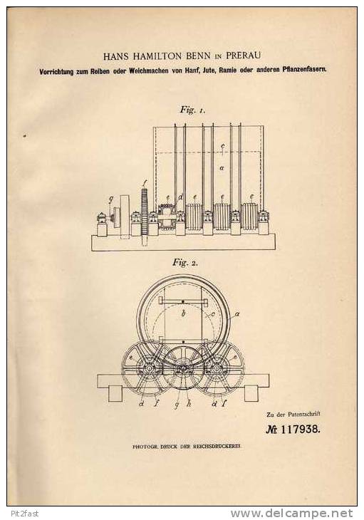 Original Patentschrift - H. Benn In Prerau , 1900 , Maschine Für Hanf , Jute Und Ramie , Prerov !!! - Machines